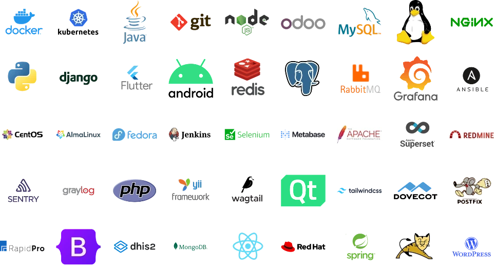 Technologies we work with: Odoo, Python, Django, Java, PHP, React, Flutter, Linux, Docker, Kubernetes, PostgreSQL, MySQL, Redis and more